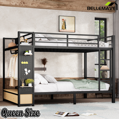 Bellemave® Bunk Bed Queen Over Queen,Metal Bunk Bed with Shelf, Guardrails, Storage Drawers & Clothes Hooks for Kids, Teens & Adults（Black）