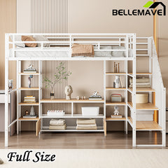 Bellemave® Full Size Metal Loft Bed with Staircase,Low Storage Table and Storage Shelves