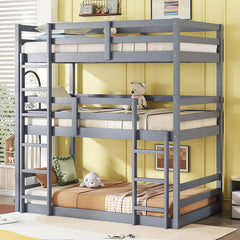 Bellemave® Twin over Twin over Twin Rubber Wood Triple Bunk Bed with Ladders and Guardrails(Detachable)