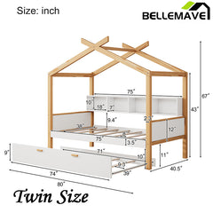 Bellemave® Wooden House Bed with Original Wood Color Frame with Trundle Bed and Bookshelf Storage Space