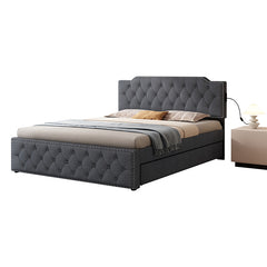 Bellemave® Queen Size Upholstered Platform Bed with Twin Size Trundle Bed and USB Ports , Decorate with Copper Nails