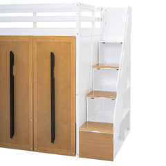 Bellemave® Twin Size Loft Bed with Two-Tone Storage Stairs and Pull-Out Wardrobe