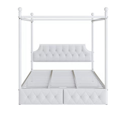 Bellemave® Queen Upholstered Canopy Bed Frame with 2 Drawers, Headboard & Storage, Four-Poster Metal Platform Bed Frame, White Bellemave®
