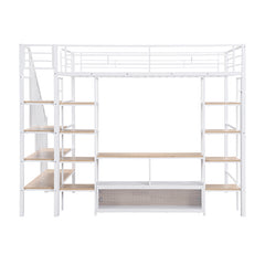 Bellemave® Full Size Metal Loft Bed with Staircase,Low Storage Table and Storage Shelves