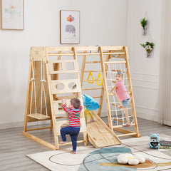 Bellemave® Toddler Indoor Wooden Gym 8 in 1 Indoor Playground Climbing Toy Set with Slide Swing Climbing Net Rings