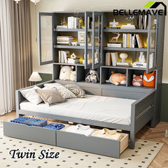 Bellemave® Wooden Daybed with Glass-Door Storage Cabinets, Built-in LED Lighting and Shelves