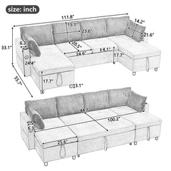 Bellemave® 111.8" Sectional Sofa Pull-Out Sofa Bed with Large Storage Space, Two USB Ports and Two Cup Holders