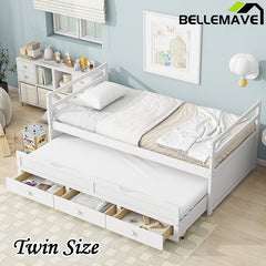 Bellemave® Twin Size Pine Wood Daybed with Trundle and Three Storage Drawers