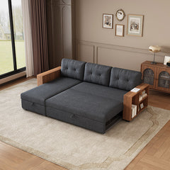 Bellemave® 84" Upholstered Pull Out Sectional Sofa with Storage Chaise and Wooden handrail