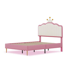 Bellemave® Upholstered Princess Bed with Crown Headboard, Light Strips and Golden Metal Legs