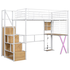 Bellemave® Metal Loft Bed with Built-in Work Station, Wardrobe, Storage Staircase and LED