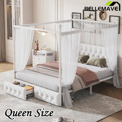 Bellemave® Metal Canopy Platform Bed with Upholstered Headboard and Two Storage Drawers