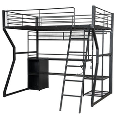 Bellemave® Full Size Metal Gaming Loft Bed with Built-in Work Station, Open Wardrobe, LED and Multiple Storage