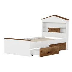 Bellemave® Twin Size House-Shaped Wooden Bed with Storage Shelf on the Headboard, Built-in Two Storage Drawers