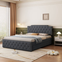 Bellemave® Queen Size Upholstered Platform Bed with Twin Size Trundle Bed and USB Ports , Decorate with Copper Nails