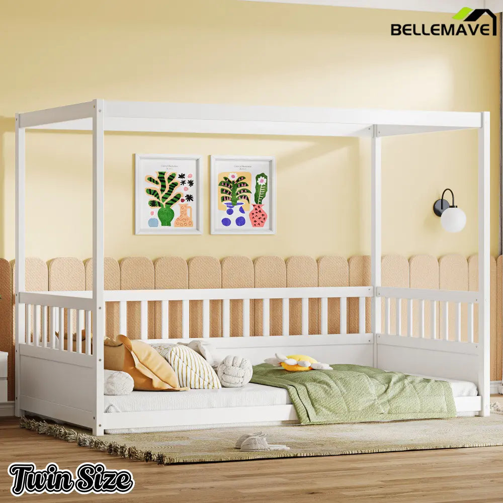 Bellemave® Twin Size Canopy Bed Frame with 4 Posters and Guardrails, Twin Size Montessori Floor Bed with High Fence Bellemave®