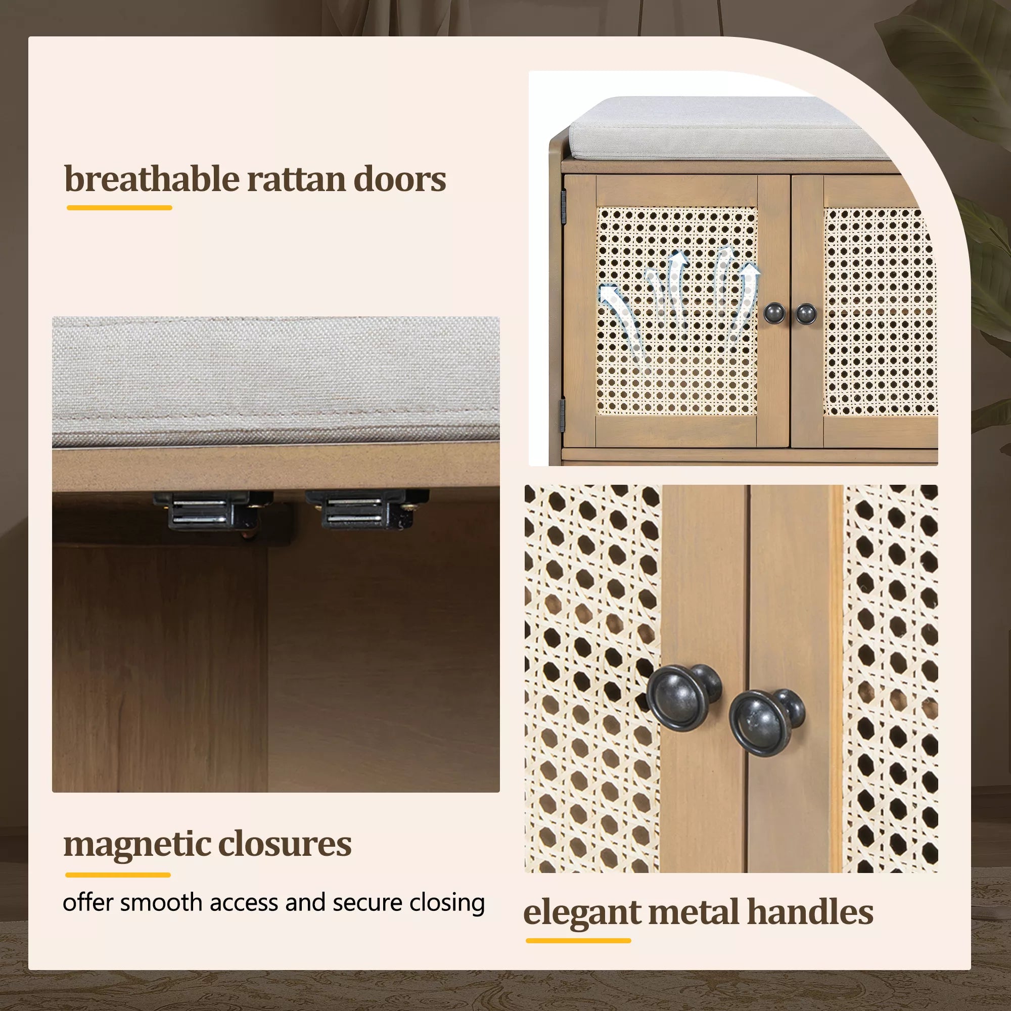 Woven rattan cabinet doors with metal handles