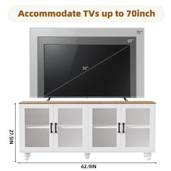 Bellemave® 63" Farmhouse TV Stand with Tempered Glass Doors,Adjustable Shelves and 5 Solid Wood Gourd-Shaped Legs