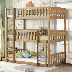 Bellemave® Twin over Twin over Twin Rubber Wood Triple Bunk Bed with Ladders and Guardrails(Detachable)