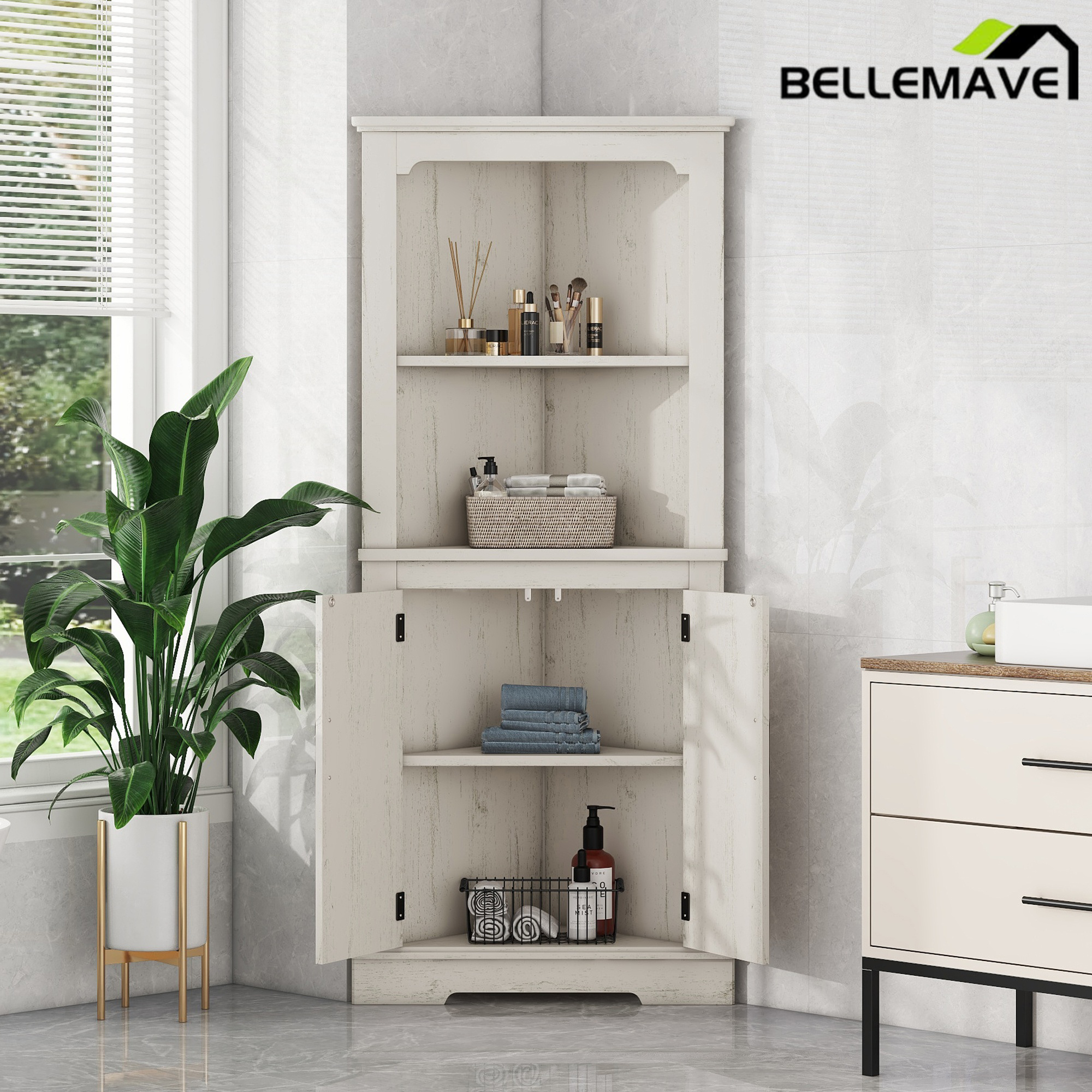 Bellemave® Tall Corner Cabinet with Doors for living room, bathroom,Dining Room or Kitchen,White Bellemave®