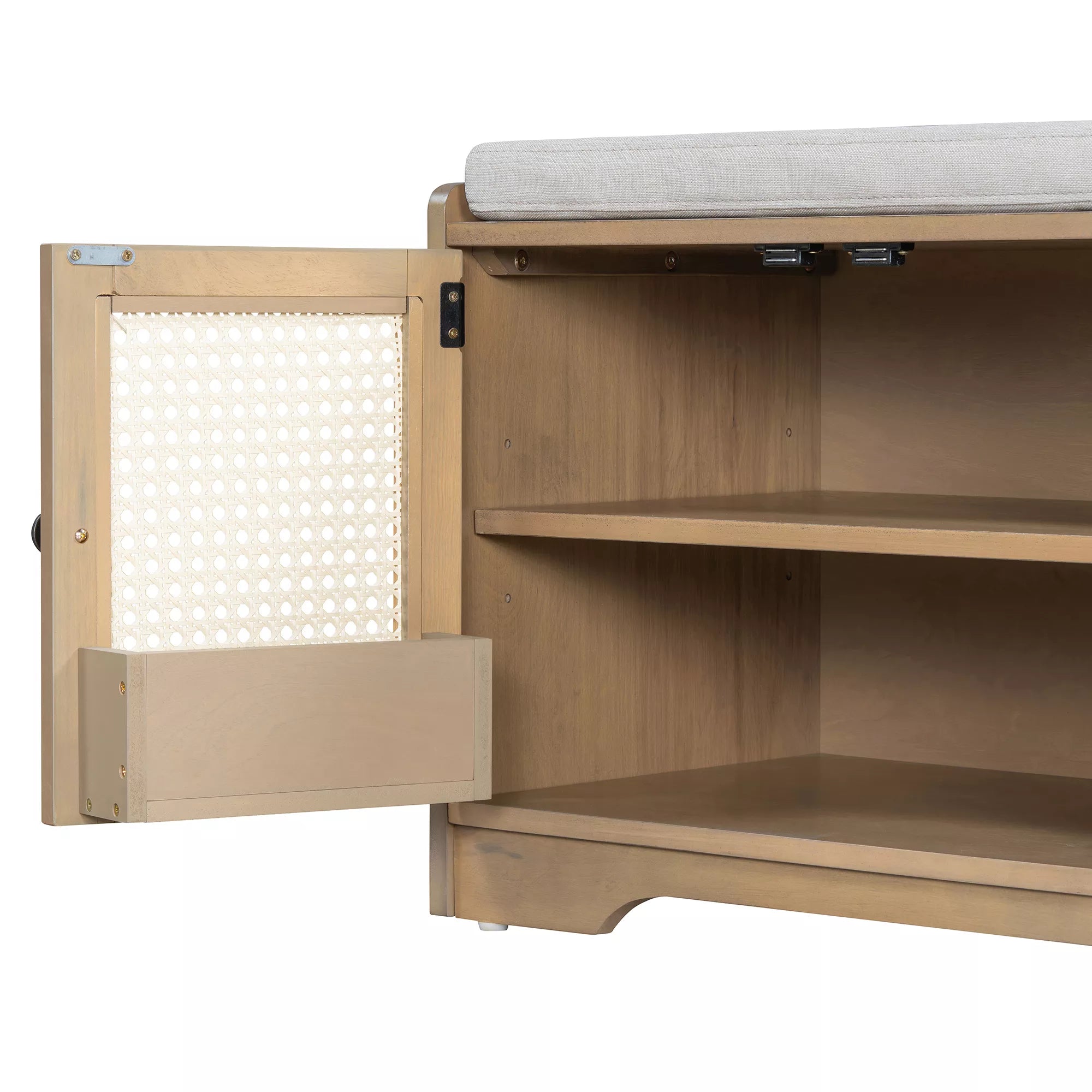 Wood storage bench interior shelf detail