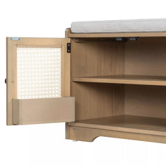 Wood storage bench interior shelf detail