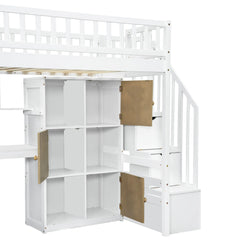 Bellemave® Twin Size Wood Loft Bed with Built-in Desk, LED, Storage Shelves, Cabinets and Staircase