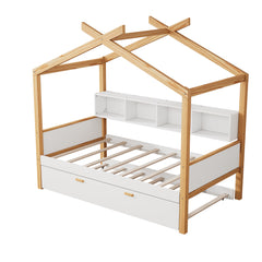 Bellemave® Wooden House Bed with Original Wood Color Frame with Trundle Bed and Bookshelf Storage Space