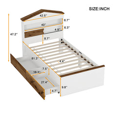 Bellemave® Twin Size House-Shaped Wooden Bed with Storage Shelf on the Headboard, Built-in Two Storage Drawers