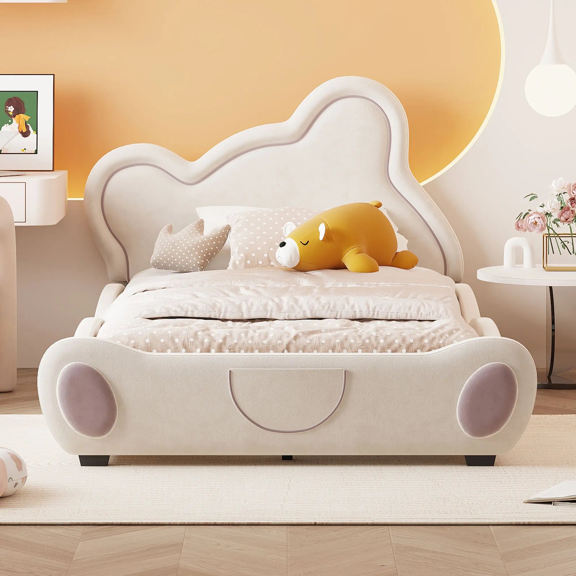 Bellemave® Velvet Platform Bed with Bear-Shaped Headboard, with Bed-End Storage Pocket Bellemave®