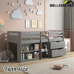 Bellemave® Twin Size Low Loft Bed with Storage Drawers and Open Shelves