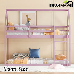 Bellemave® Twin Size Rubber Wood Floor House Bunk Bed with ladder,Guardrails