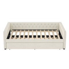 Bellemave® Full Size Upholstered Tufted Daybed with Twin Trundle, Button & Copper Nail on Square Arms