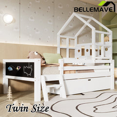 Bellemave® House Bed with 2 Blackboard Design, Ladder and Storage Drawers