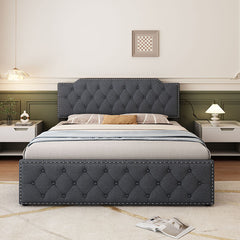 Bellemave® Queen Size Upholstered Platform Bed with Twin Size Trundle Bed and USB Ports , Decorate with Copper Nails