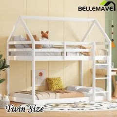 Bellemave® Twin Size Rubber Wood Floor House Bunk Bed with ladder,Guardrails