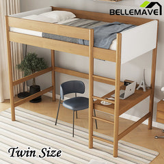 Bellemave® Twin Size Rubber Wooden Loft Bed with Desk and Ladder, Safety Guardrails and Teddy Fleece Fabric Headboard/Footboard