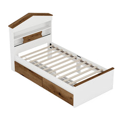 Bellemave® Twin Size House-Shaped Wooden Bed with Storage Shelf on the Headboard, Built-in Two Storage Drawers