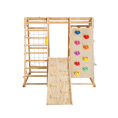 Bellemave® Toddler Indoor Wooden Gym 8 in 1 Indoor Playground Climbing Toy Set with Slide Swing Climbing Net Rings