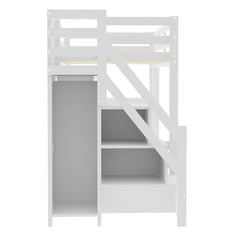 Bellemave® Wooden Loft Bed with Shelves, Storage Staircase, Small Wardrobe and White LED Light