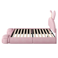 Bellemave® Full Size Upholstered Platform Bed with Cartoon Ears Shaped Headboard and Light