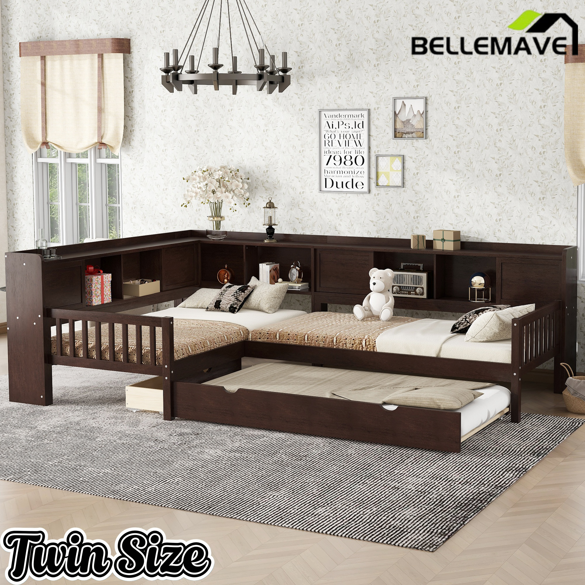 Bellemave® L Shaped Corner Bed for 2 Kids, Double Twin Platform Bed Frame with Trundle and Shelves, White Bellemave®