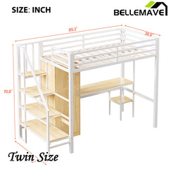 Bellemave® Twin Size Metal Loft Bed With Desk, Shelf, Wardrobe and Storage Staircase