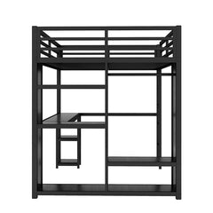 Bellemave® Queen Size Metal Loft Bed with Built-in Wardrobe, Desk and Storage Shelves