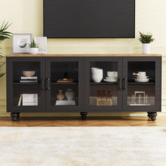 Bellemave® 63" Farmhouse TV Stand with Tempered Glass Doors,Adjustable Shelves and 5 Solid Wood Gourd-Shaped Legs