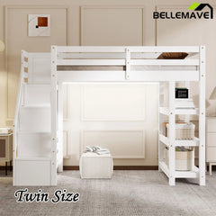 Bellemave® Wooden Loft Bed with Shelves, Storage Staircase, Small Wardrobe and White LED Light