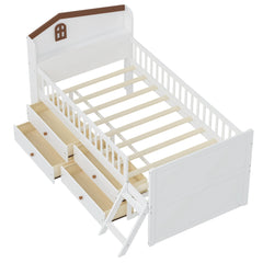 Bellemave® Twin Size Wooden Platform Bed with Storage 4 Drawers,Guardrail Headboard and Ladder