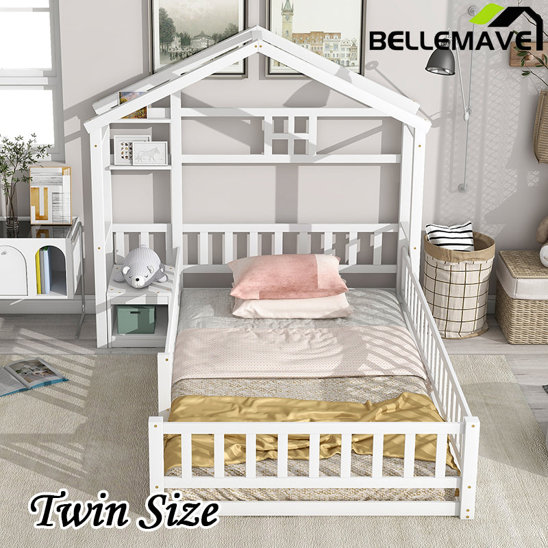 Bellemave® Twin Size House-Style Headboard Floor Bed with Fence