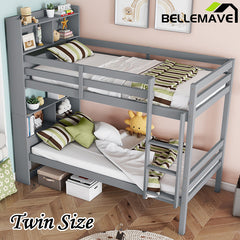 Bellemave® Twin Size Rubber Wood Bunk Bed with Shelves Headboard, Safety Guardrails and Ladder(Convertible)