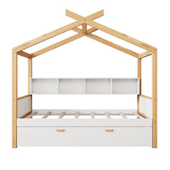 Bellemave® Wooden House Bed with Original Wood Color Frame with Trundle Bed and Bookshelf Storage Space